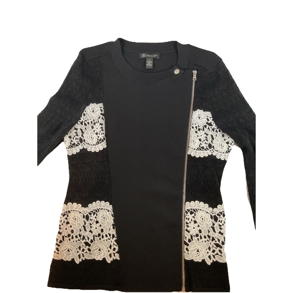INC International‎ Concepts Large Sweater Black Sheer Lace Asymmetrical Zip F50